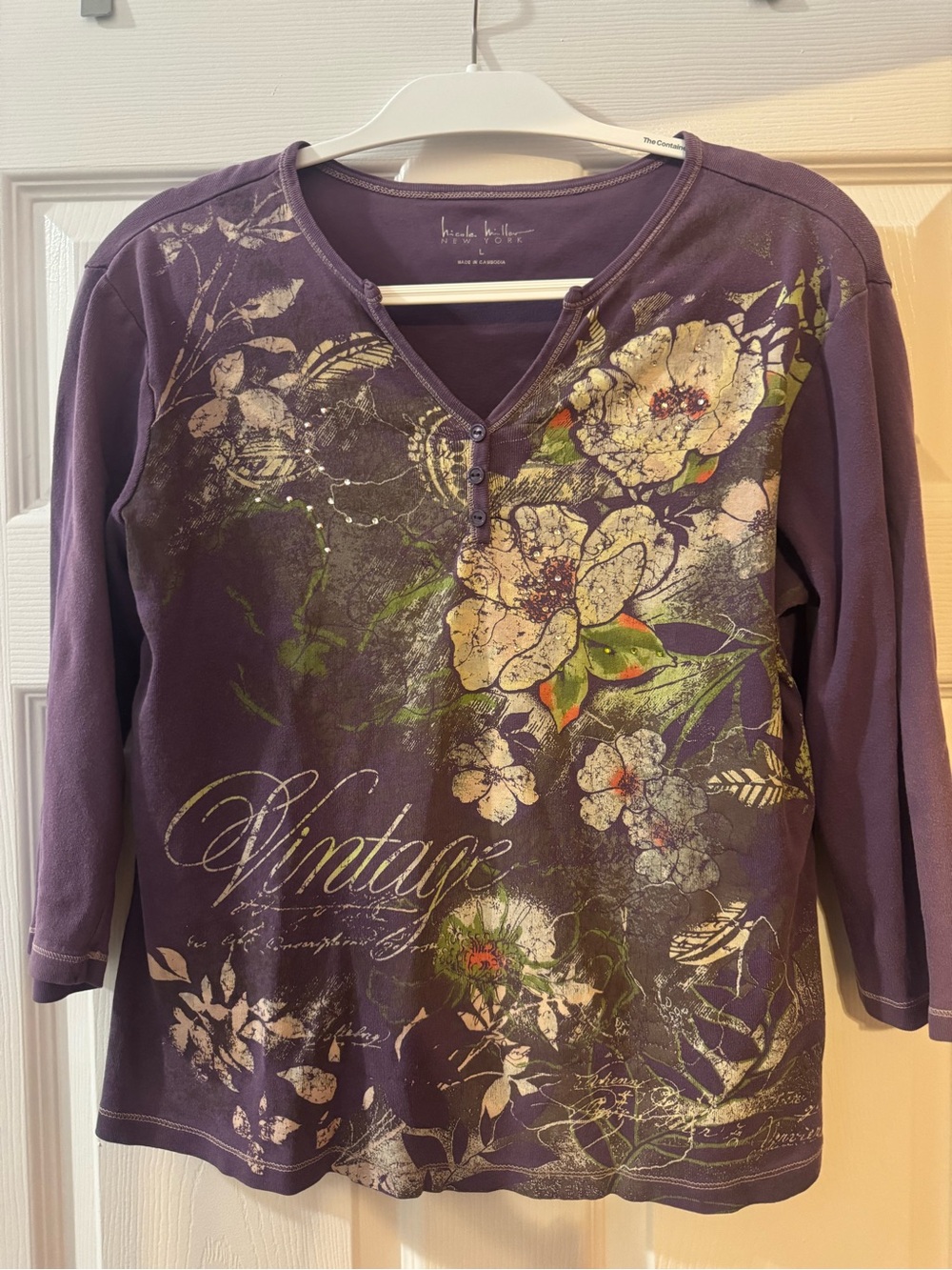 Nicole Miller Purple Embellished Floral Henley 3/4-Sleeve Top